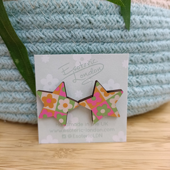 Printed Wooden Star Studs