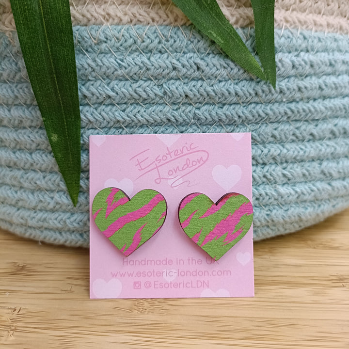 Printed Wooden Heart Studs