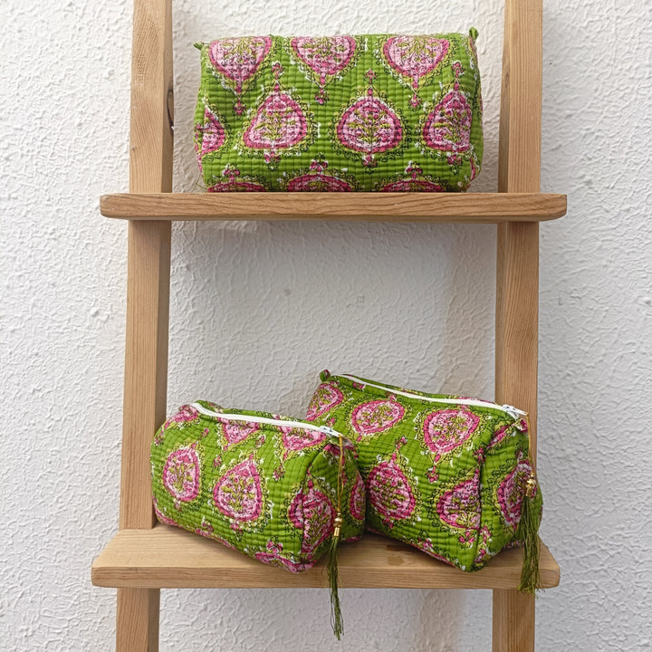 Green with Pink Peony Make Up Bag