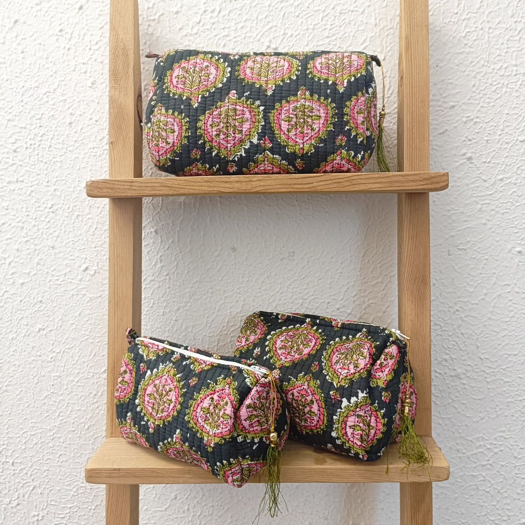 Black with Pink Peony Make Up bag