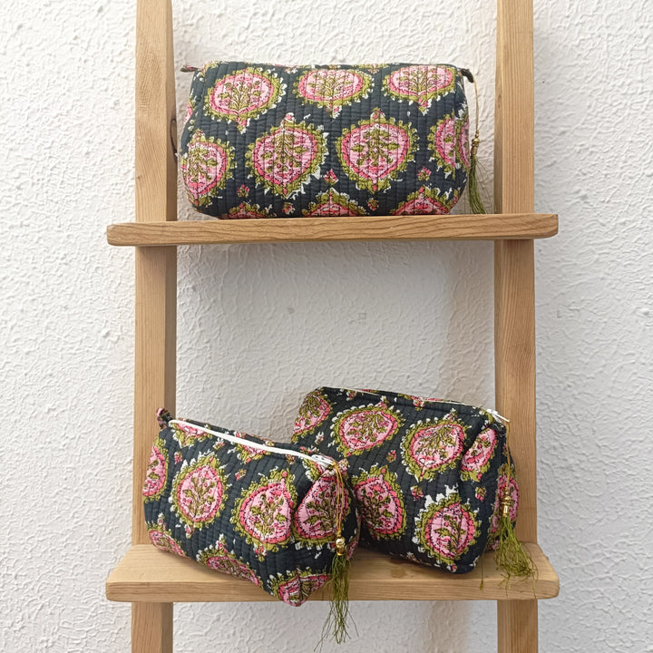 Black with Pink Peony Make Up bag