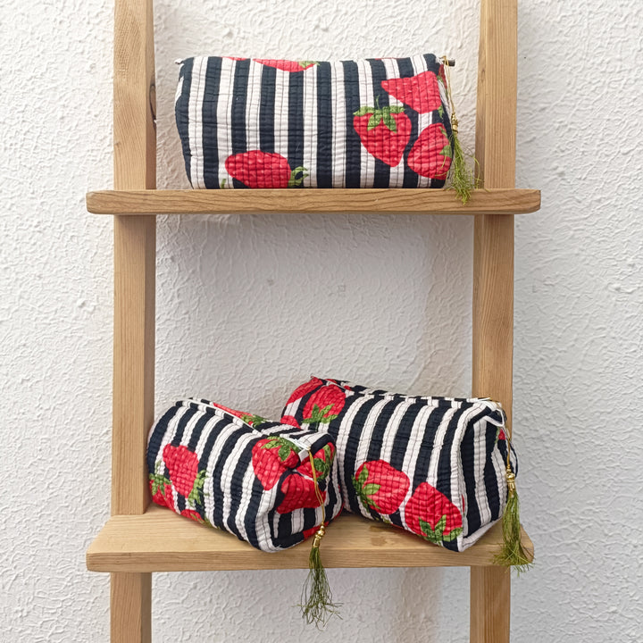 Black & White Stripe Strawberry Make Up Bag