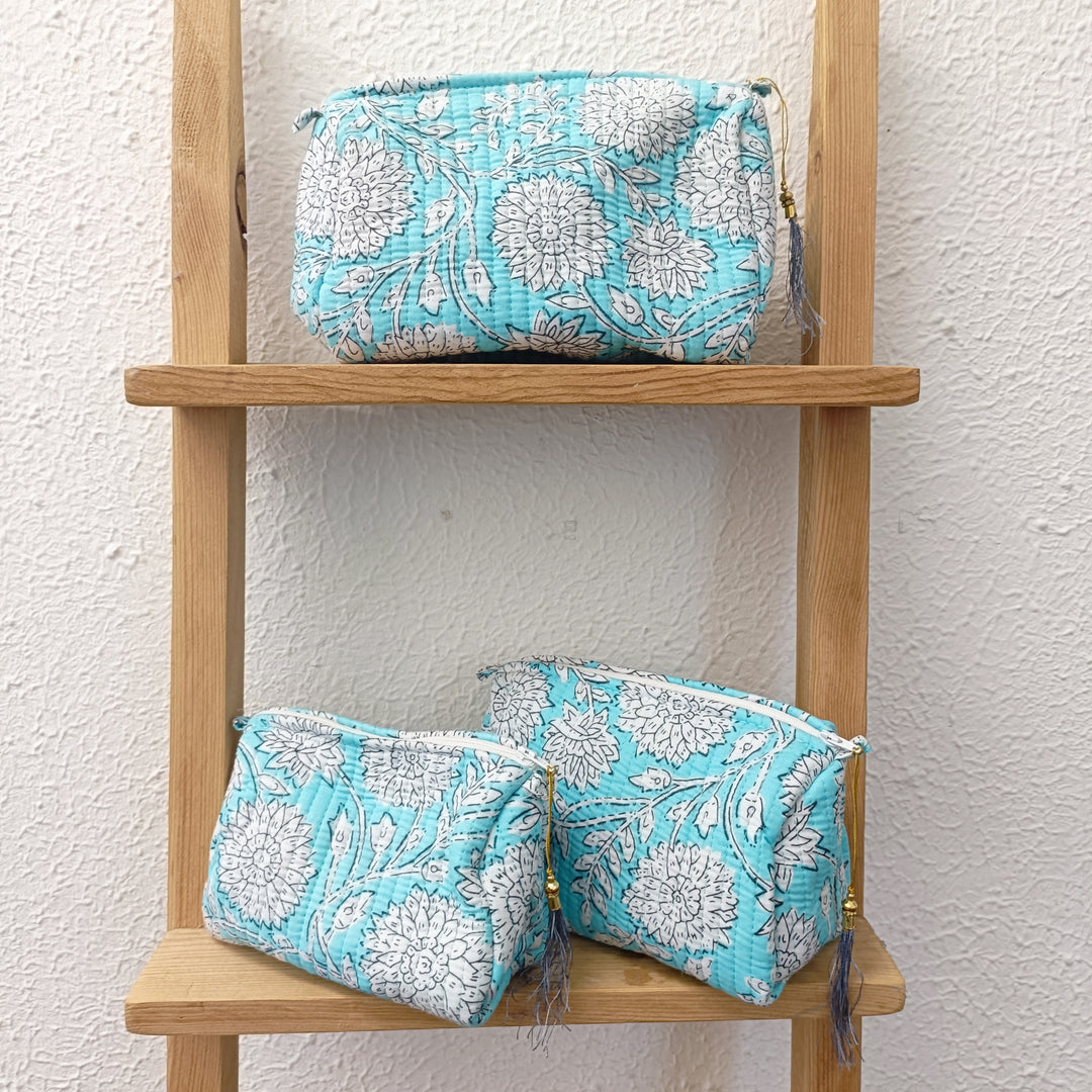 Turquoise White Chrysanthemum Make Up Bag