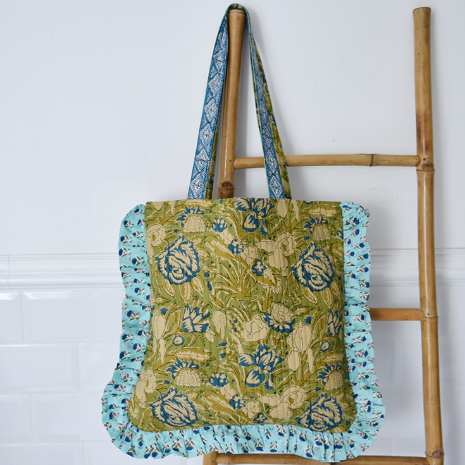 Green & Blue Floral Quilted Tote