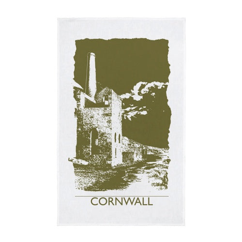 Cornish Mine Tea towel - Olive and White