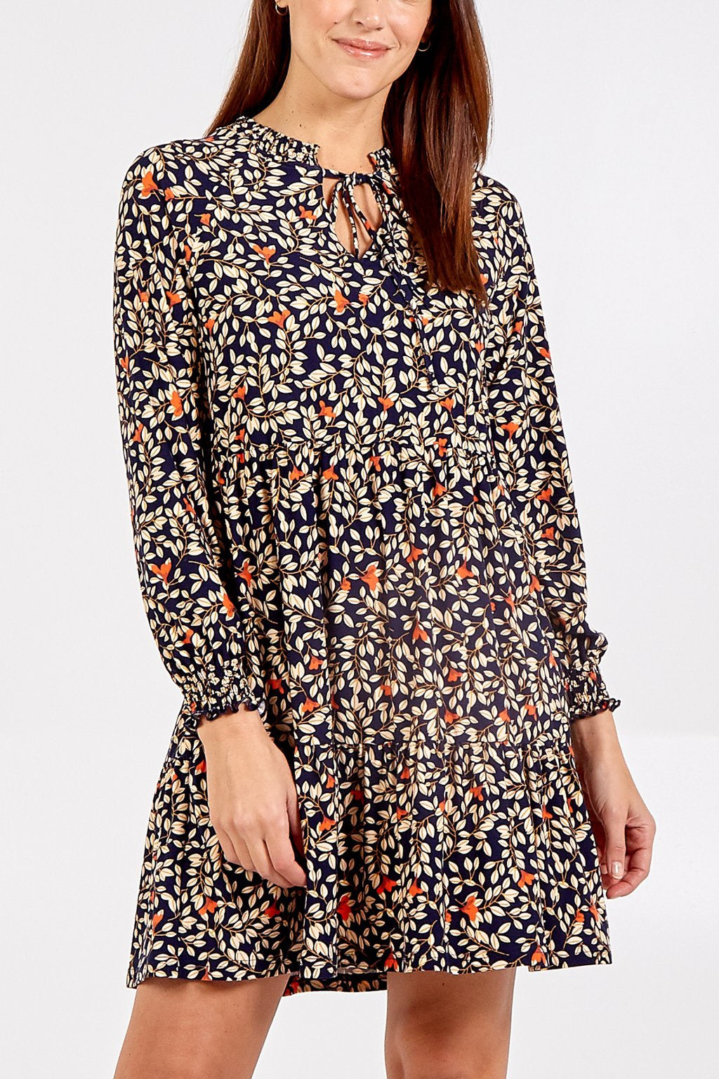Floral Print Tiered Dress in Blue and Orange