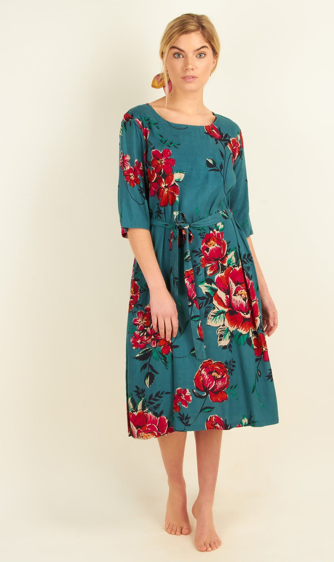 Teal Peony 3/4 Sleeve Midi Dress