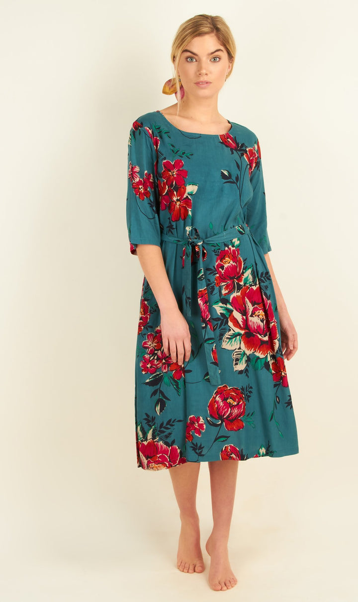 Teal Peony 3/4 Sleeve Midi Dress