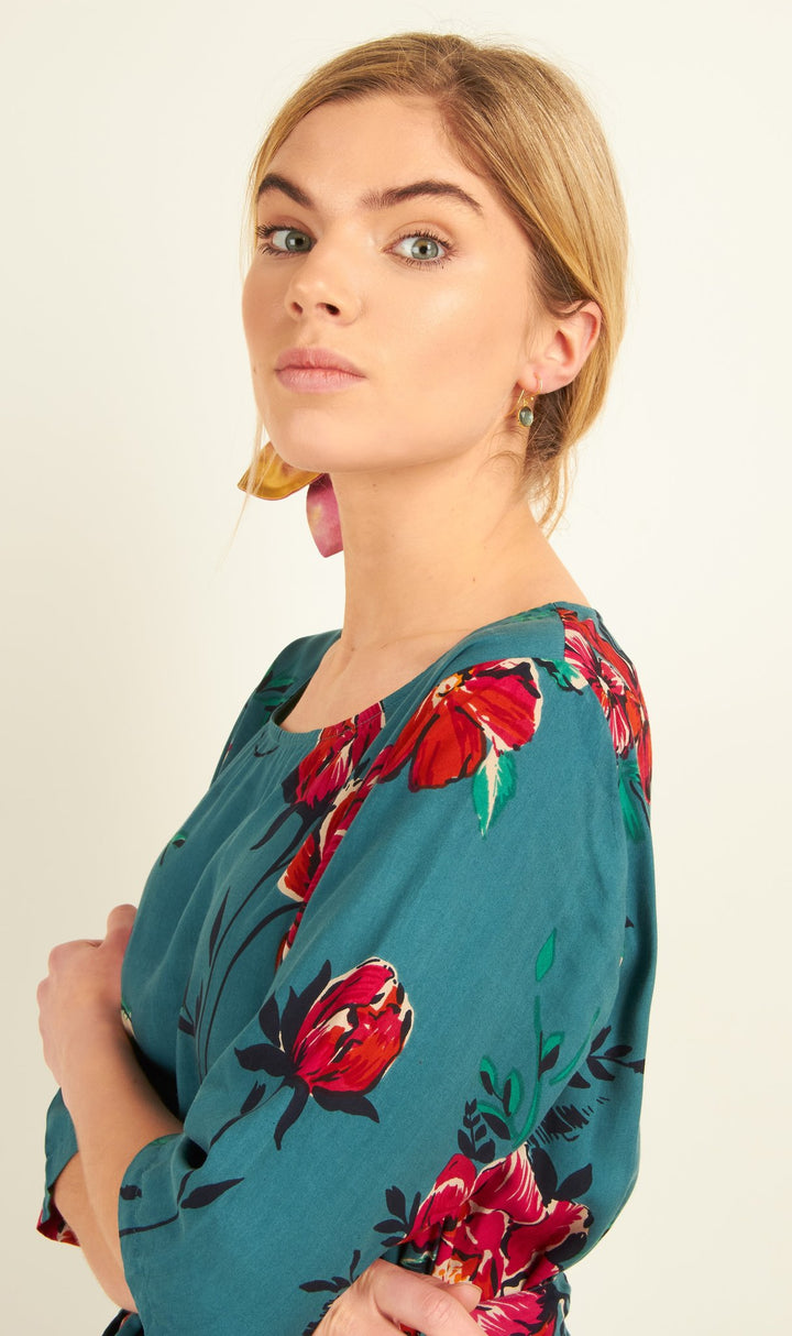 Teal Peony 3/4 Sleeve Midi Dress