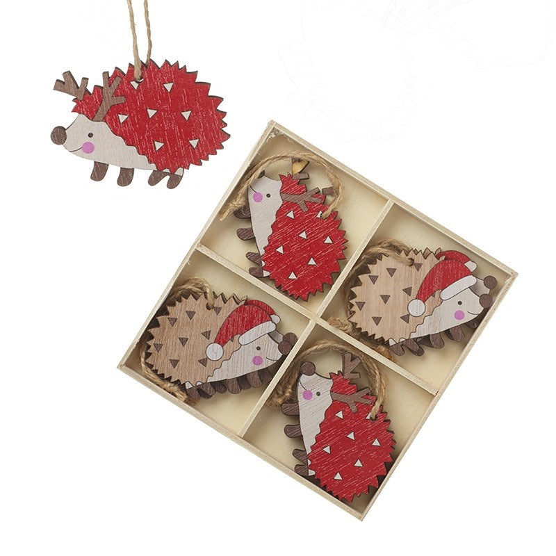 Set of 8 - Wooden Hedgehog Tree Decorations