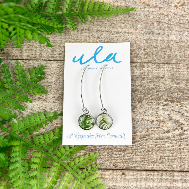 Tropical Leaf Long Wire Drop Earrings