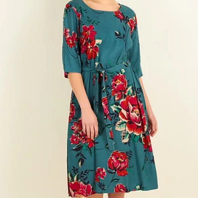 Teal Peony 3/4 Sleeve Midi Dress