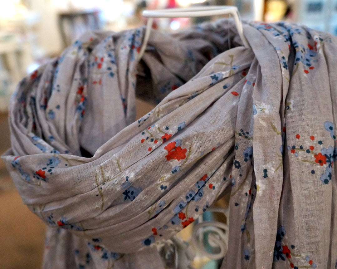 Grey Scarf with Red and Blue Flowers