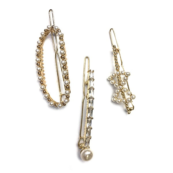 Set of Three Gold/Diamonte/Pearl Hair Clips