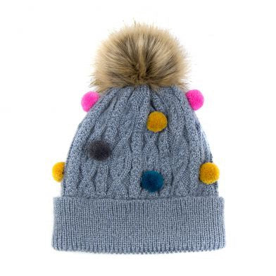 Grey Bobble Hat with Pom Poms