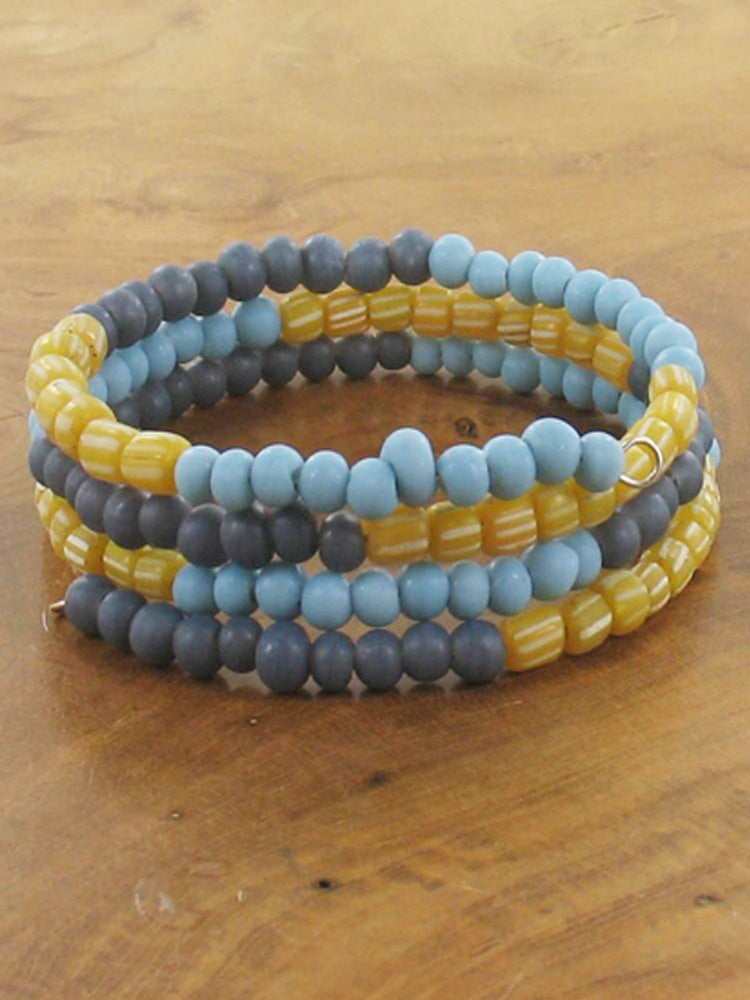 Spiral Glass Bead Bracelet - Blue and Mustard