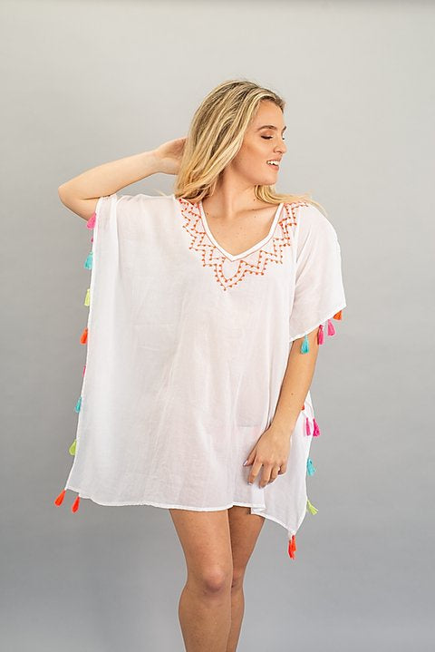 White Cotton Kaftan with Embrodered Neckline and Tassels.