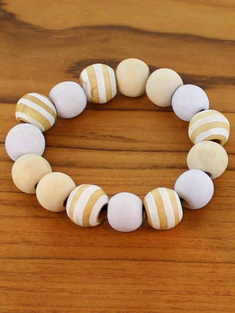 Elasticated Stripy Wooden Ball Bracelet - Cream and White