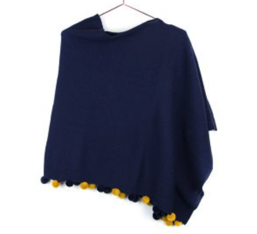 Navy Blue Poncho with Pom Poms