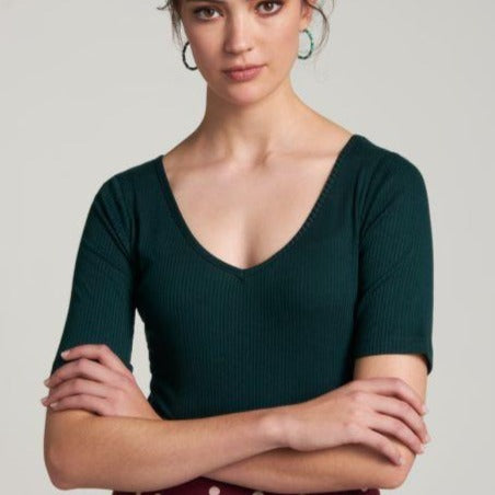 Carice V Neck Top Tencel Rib - Pine Green