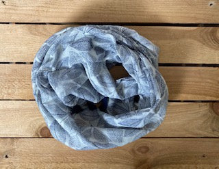 White Scarf with Navy Leaf Print and Tassels
