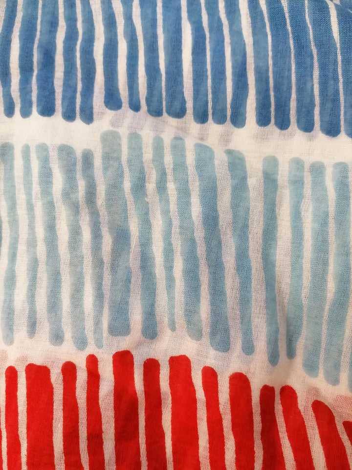 Cotton Scarf with Tassels - Blue, Red and Cream.