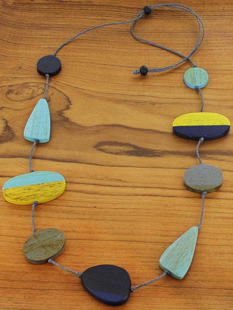 Mixed Shape Two-Tone Wooden Necklace - Yellow and Blue