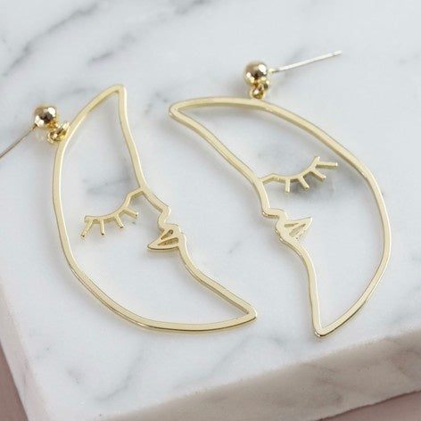 Sleeping Crescent Moon Face Drop Earrings in Gold