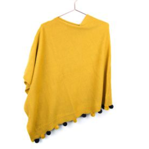 Mustard Poncho with Pom Poms