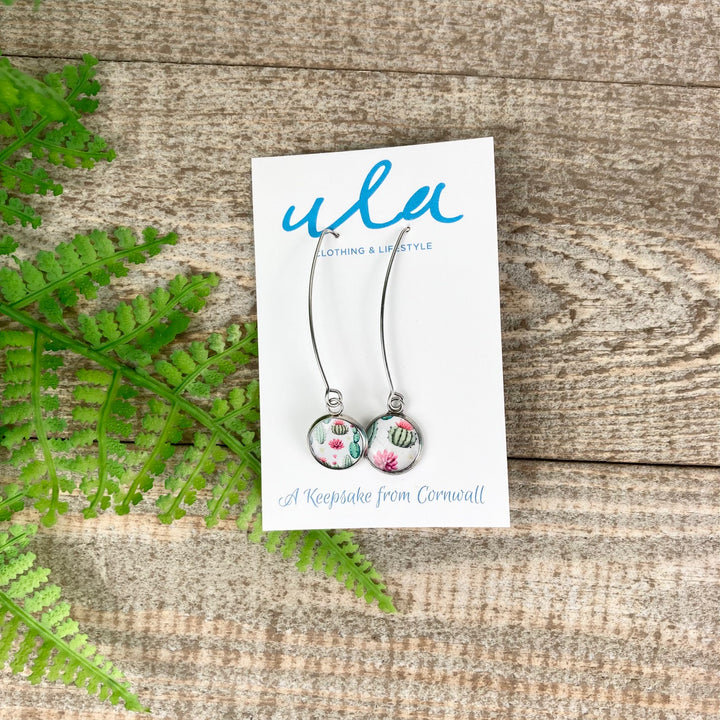 Cactus Print Long Wire Drop Earrings