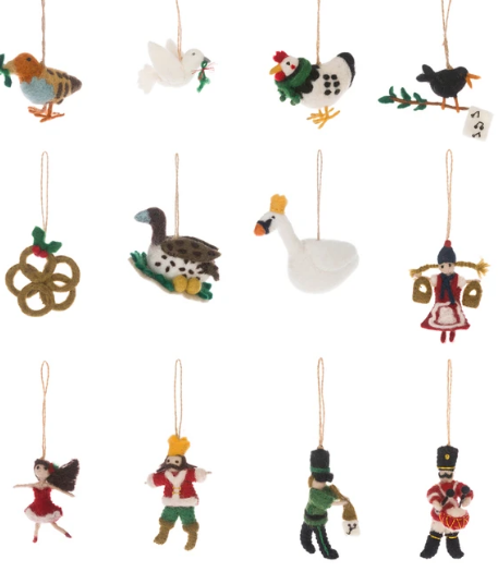 12 Days of Christmas Felt Decorations in a Linen Bag