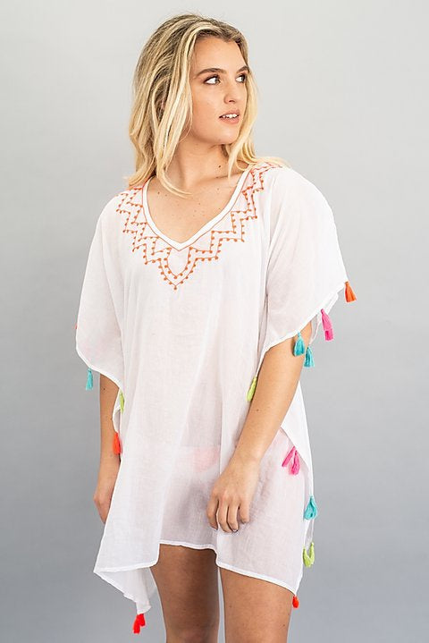 White Cotton Kaftan with Embrodered Neckline and Tassels.