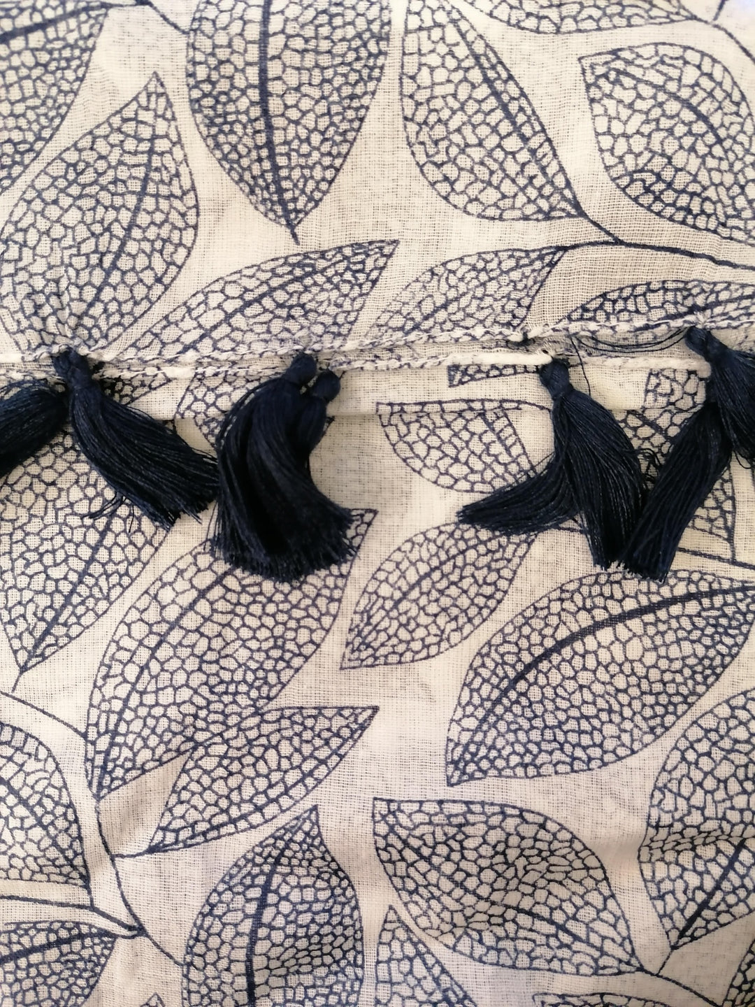White Scarf with Navy Leaf Print and Tassels