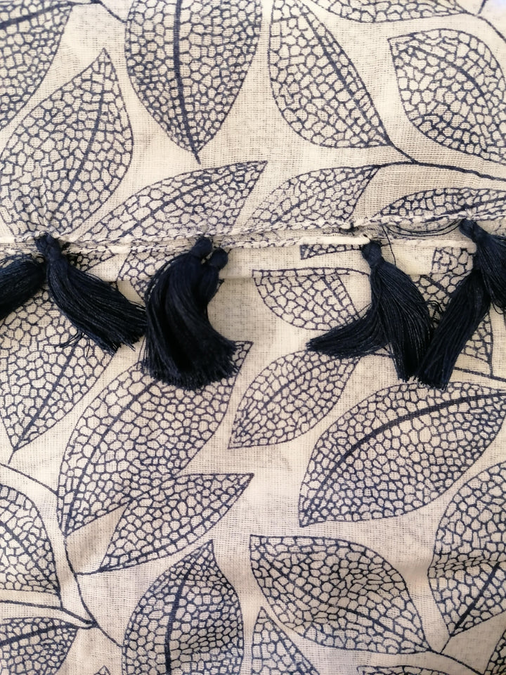 White Scarf with Navy Leaf Print and Tassels