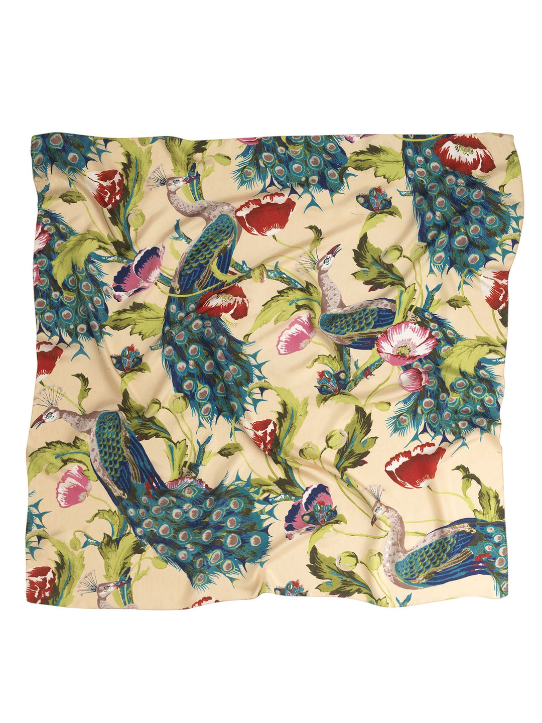 Peacocks and Poppies Silk Scarf - Sand