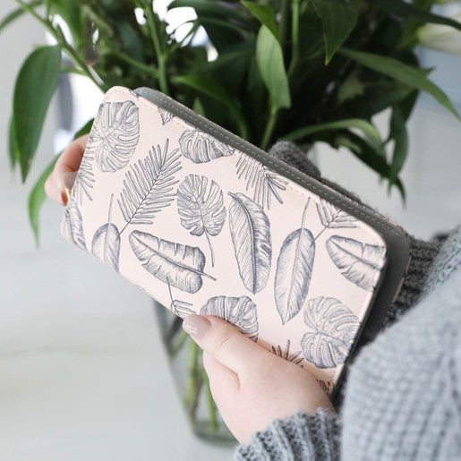 Palm Print Large Zip Around Purse - Pink and Black