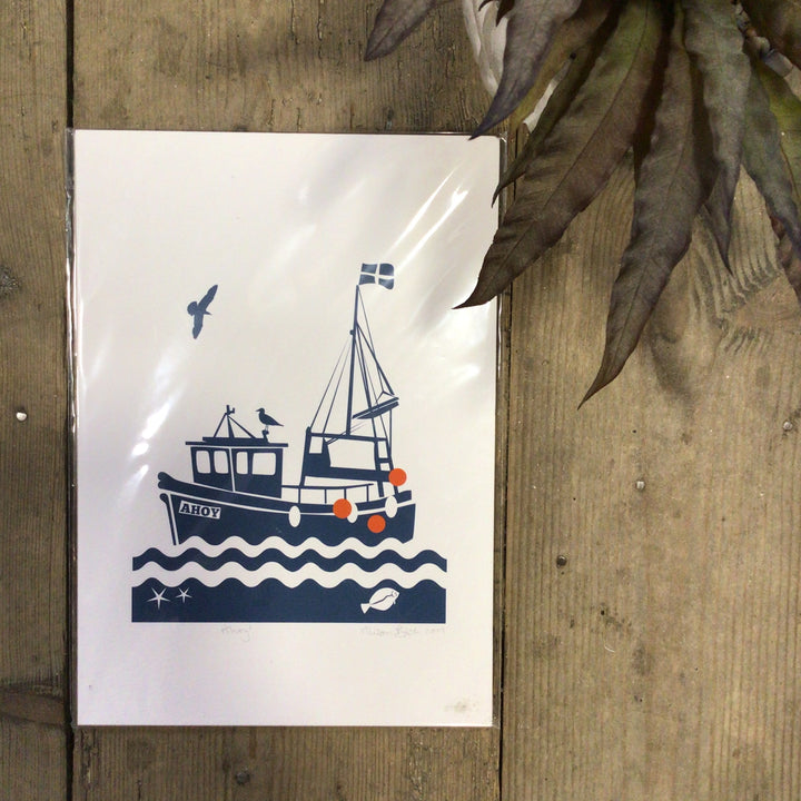 Ahoy Cornish Fishing Boat Print - A4 Size