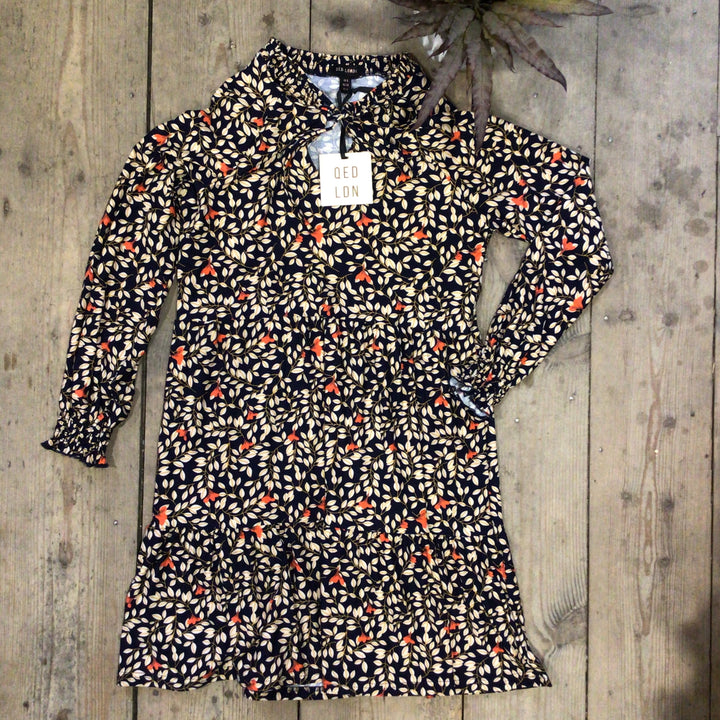 Floral Print Tiered Dress in Blue and Orange