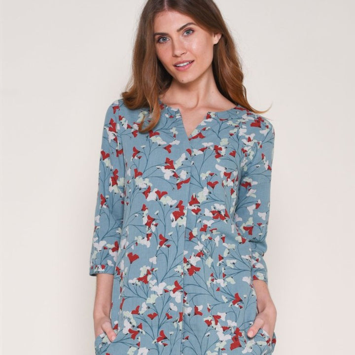 Fanned Flower Shift Dress - Teal Floral