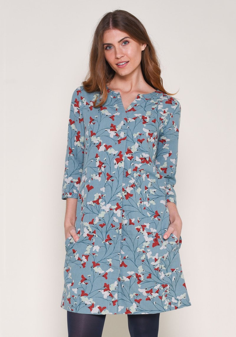 Fanned Flower Shift Dress - Teal Floral
