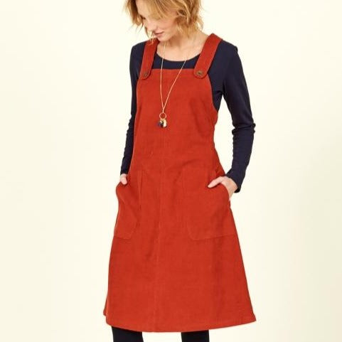 Dungaree Pinafore Dress in Saffron Red