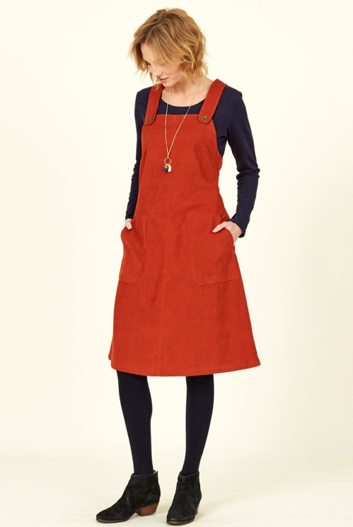 Dungaree Pinafore Dress in Saffron Red