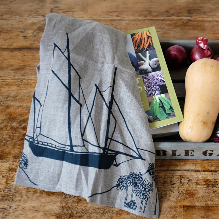 Tea Towel - Natural with Blue Print - Coastal Ships