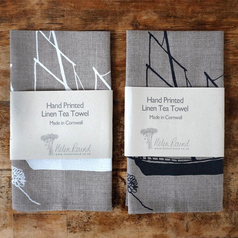 Tea Towel - Natural with white Print - Coastal Ships