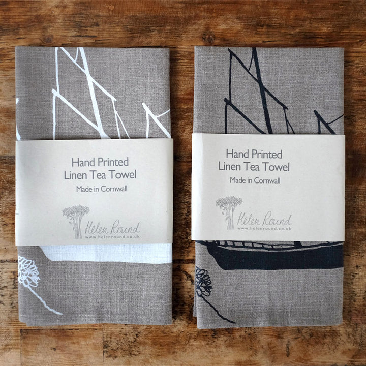 Tea Towel - Natural with Blue Print - Coastal Ships