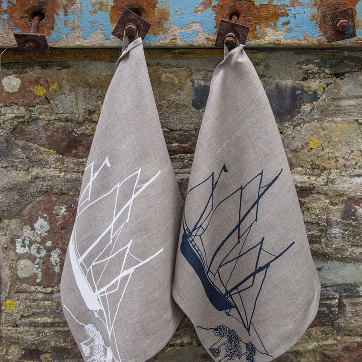 Tea Towel - Natural with white Print - Coastal Ships
