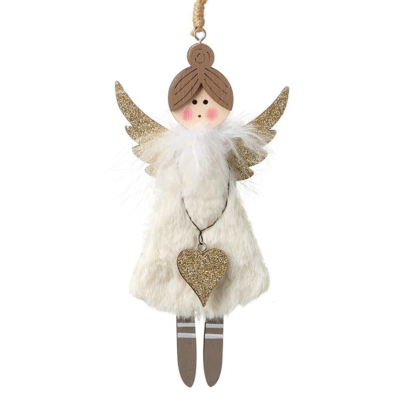 Wooden Hanging Angel with White Furry Dress
