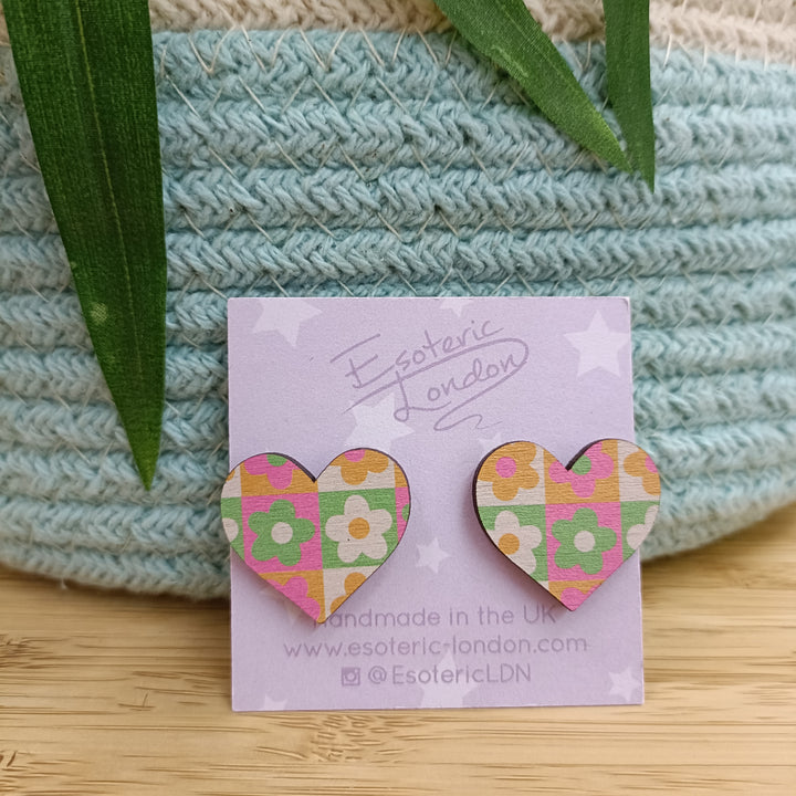 Printed Wooden Heart Studs