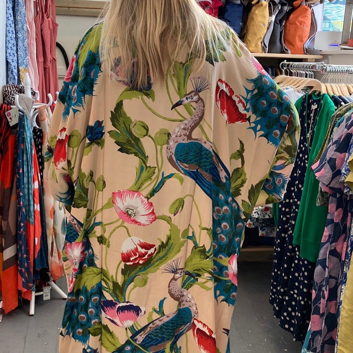 Peacocks and Poppies Crepe Long Kimono - Sand