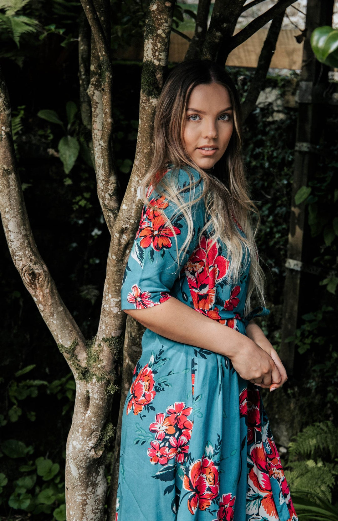 Teal Peony 3/4 Sleeve Midi Dress